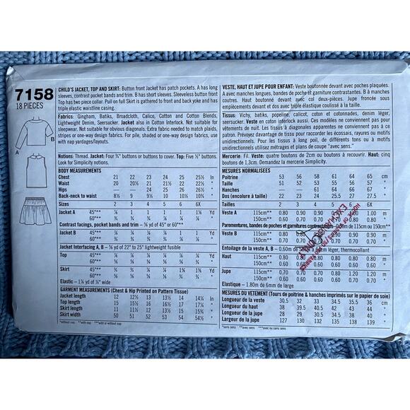 Simplicity 7158 pattern girls drop waist skirt jacket top 1980s size 5 6 6x - Picture 3 of 5